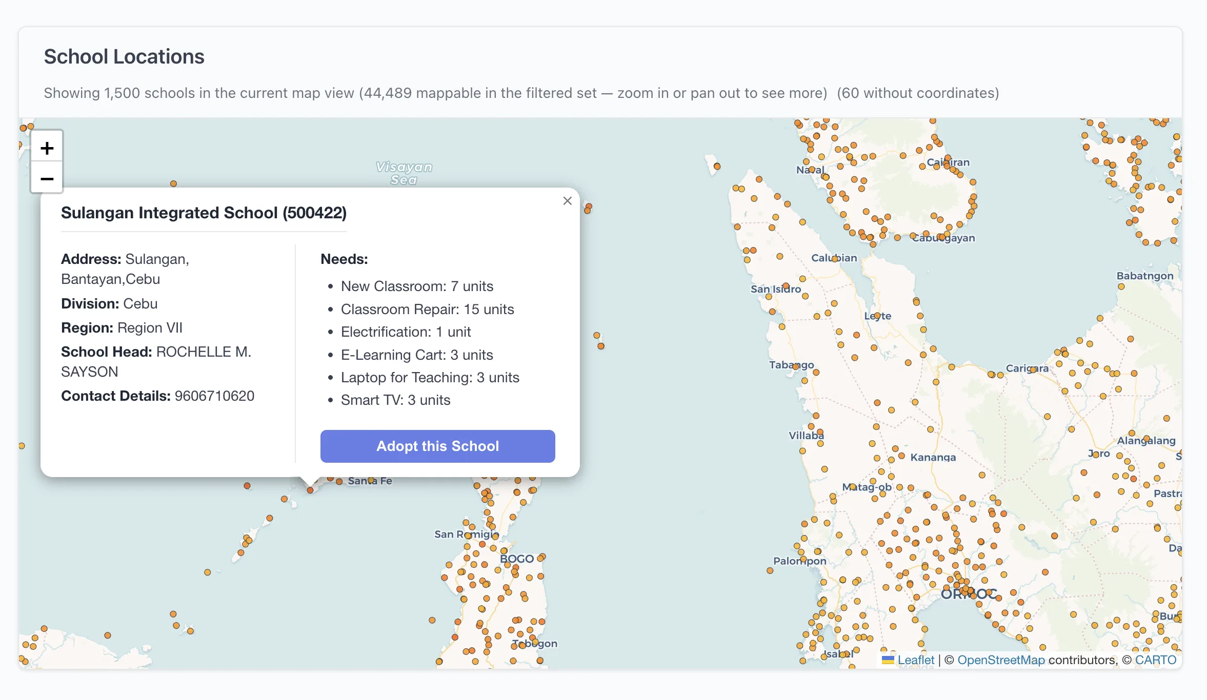 TALINO Adopt-A-School geospatial dashboard